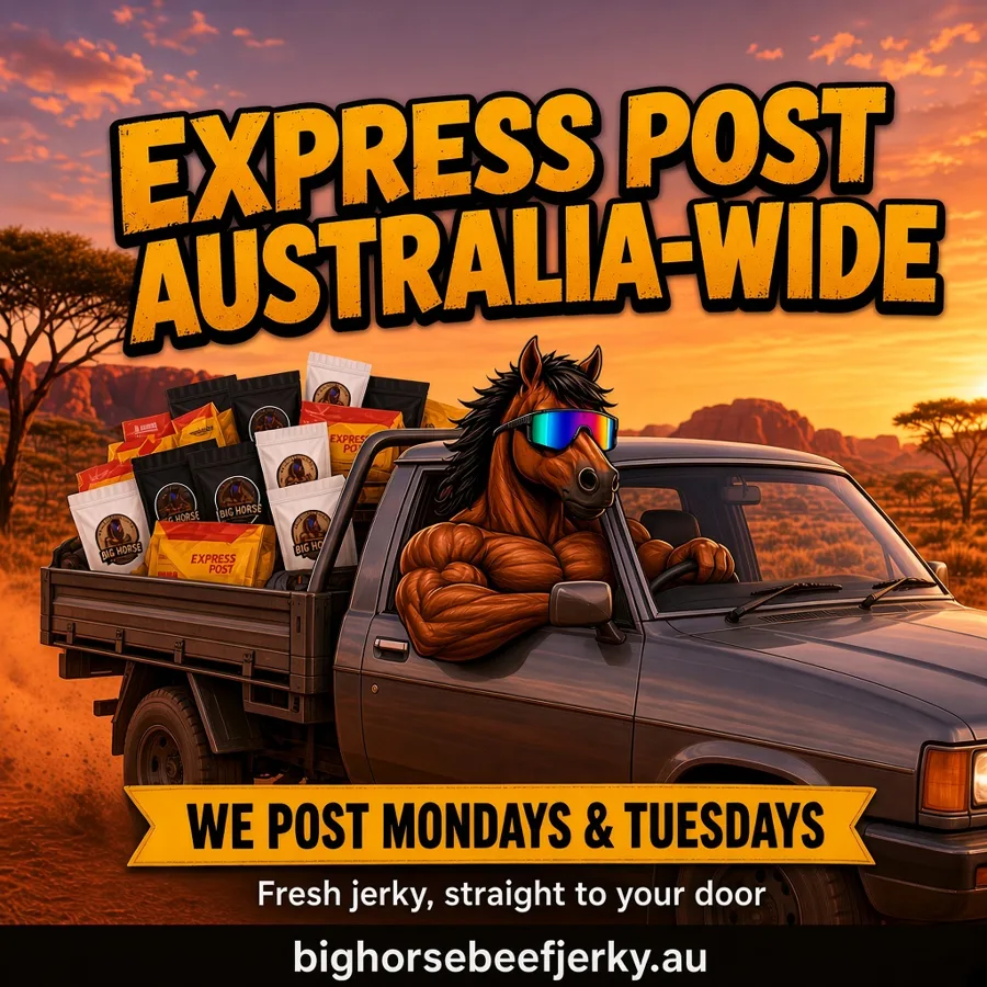 The Big Orse driving a ute loaded with Express Post bags: we post Mondays and Tuesdays